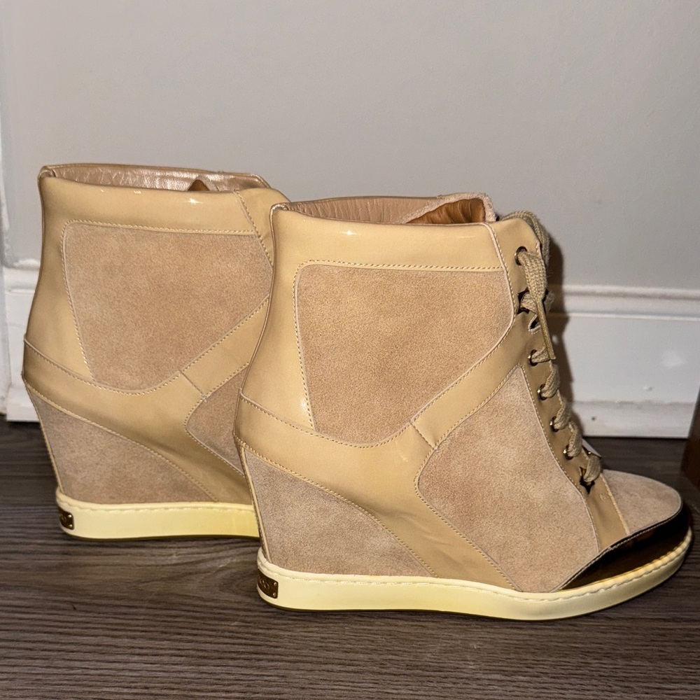 Jimmy Choo Beige Suede and Patent Leather Panama Wedge Sneakers: Size 36.5